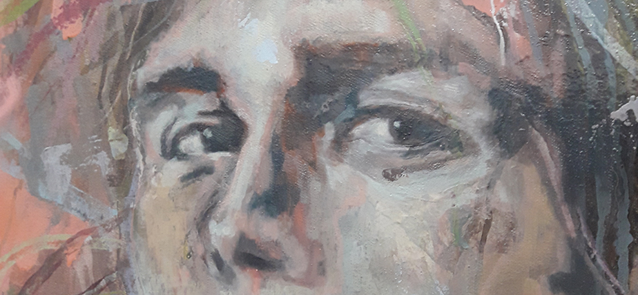 Ein Auschnitt mit fragenden Augen einer Malerei von Sebastian Osterhaus
